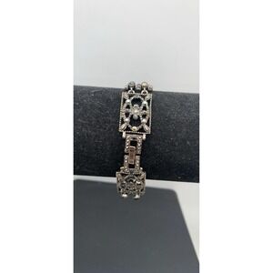 Vintage Monet Dark Silver Tone Faux Marcasite & Rhinestone Link Bracelet